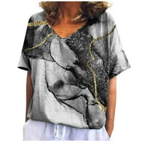 Женски Врвови Блуза Печатени Кратки Ракави Обични Жени Лето V-Вратот Кошули Сива 3XL