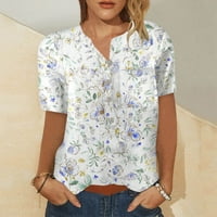 Женски Блузи Краток Ракав Печатени Блуза Обичните Жени V - Вратот Маица Белата XL