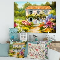 Планината со цвеќиња со мала куќа II сликарство платно уметнички принт