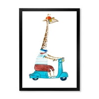 DesignArt 'Giraffe облечена облечена во шлем и возење со сина скутер' Детска уметност во уметноста на уметноста на децата