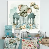 DesignArt Бебе слон во креветчето со цвеќиња јас платно wallидна уметност