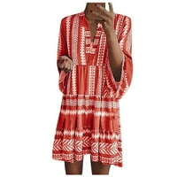 Фустани За Жени Печатени Со Долги Ракави Мода Смена Со Средна Должина V-Врат Летен Фустан Црвен 5XL